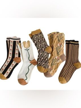 Women Patterned Socks – Mustard, Brown, White and brown print floral